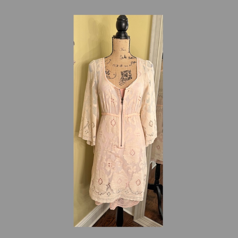 Free People Cream Lace Dress/Pink Detail, Separate Intimately Free Slip Included